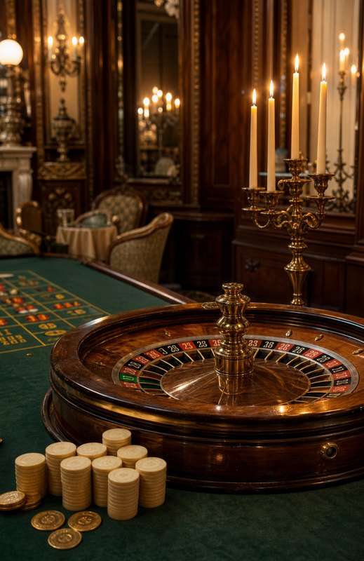 Ruota della roulette a zero singolo su un tavolo verde in una sala da gioco ottocentesca, con un candelabro e fiches d'avorio in primo piano